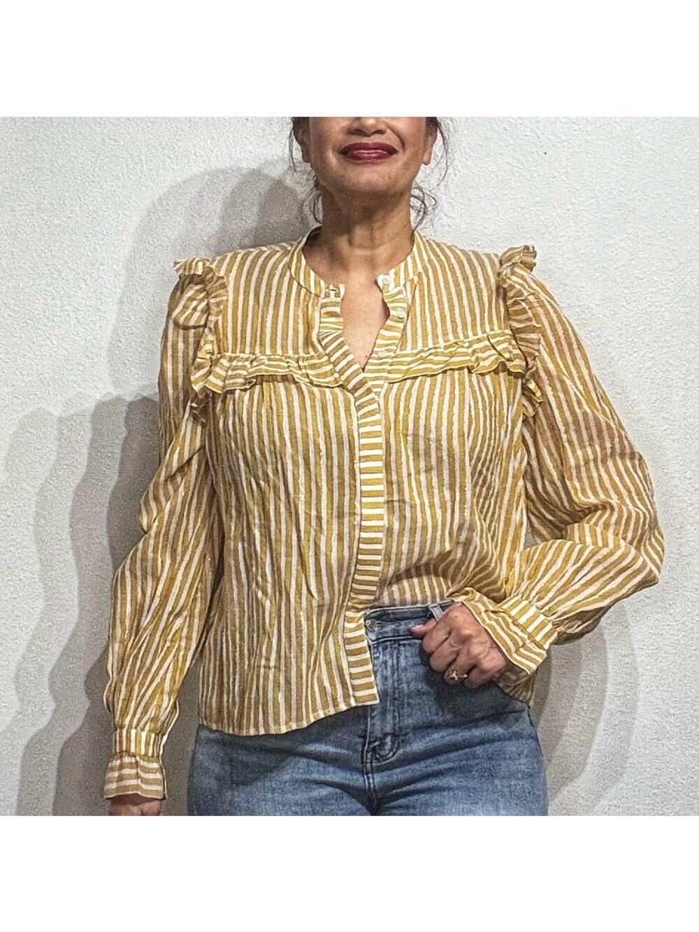 Joe's The Ruffle Bib Yellow Metallic Stripe Button Down Blouse Sz L NWT